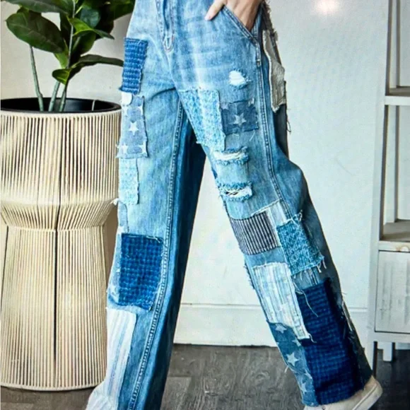 Oli & Hali Blue Straight Leg Jeans with Distinctive Patchwork - Picture 4 of 7